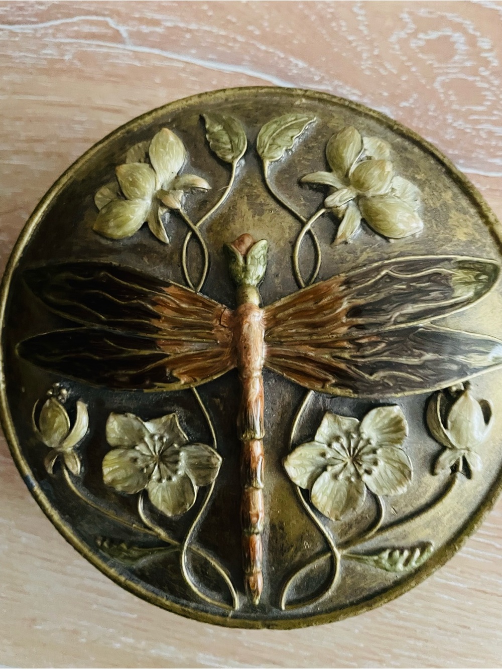 Vintage-Japanese-metal trinket-jewelry box-dragon fly-cherry blossom flowers
